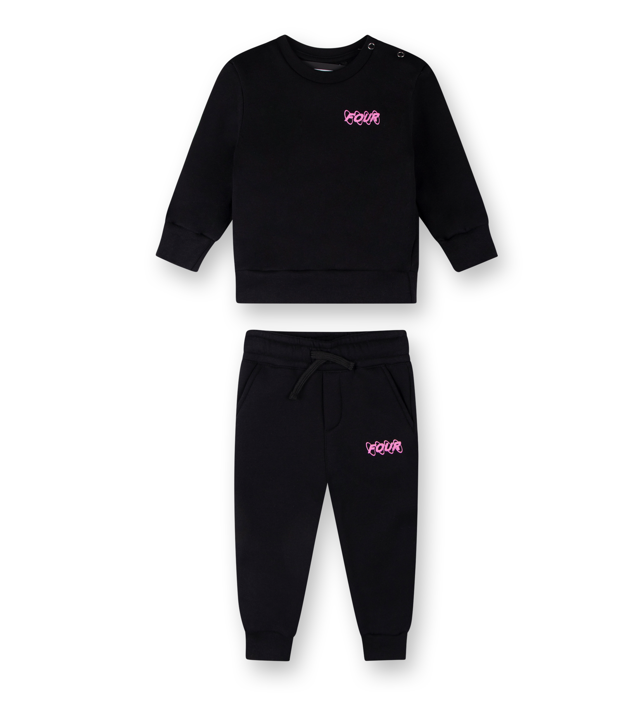 A set of baby clothing, including a black crewneck sweatshirt with a pink circle logo on the chest and black sweatpants with a matching pink logo on the front.
