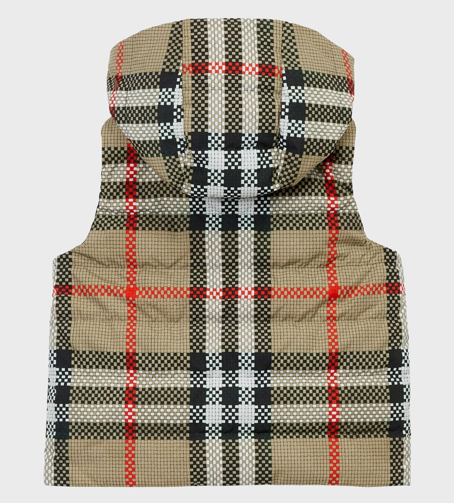 Reversible Check Hooded Puffer Gilet Beige