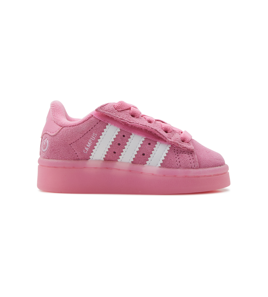 Pink Adidas sneaker with white stripes on a white background