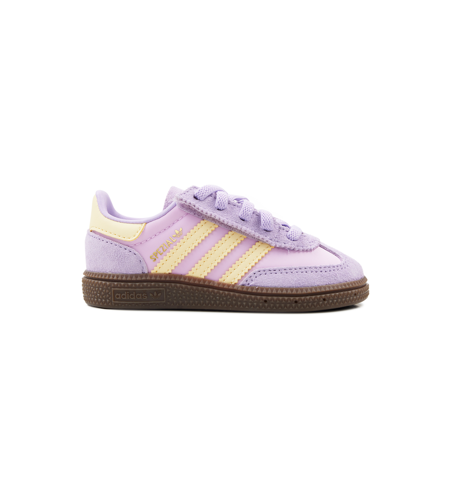Purple and yellow Adidas sneaker on a white background