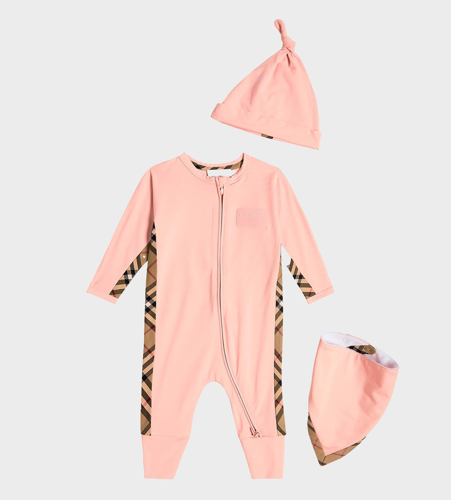 Check Trim Cotton Three-piece Baby Gift Set Pink