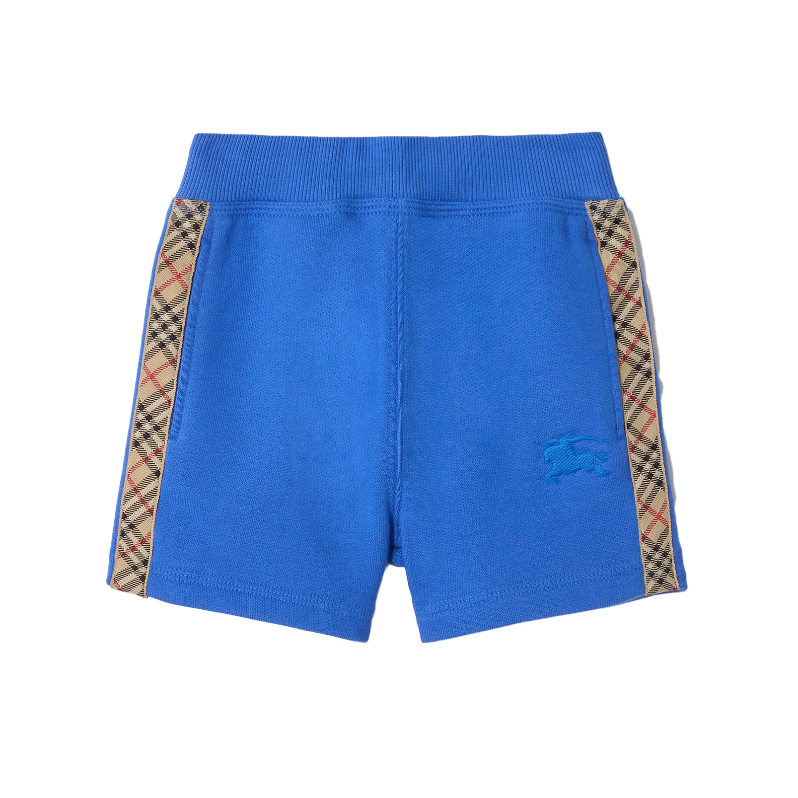 Blue shorts with plaid side panels on a white background