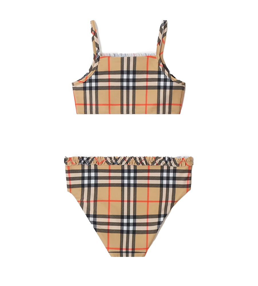 Kids Ruffle Trim Check Bikini in Sand Beige