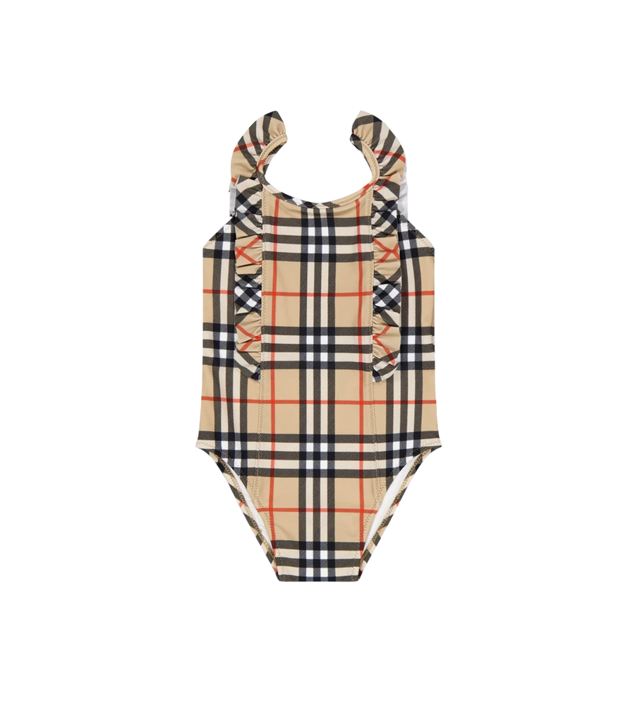Kids Ruffle Trim Check Swimsuit Beige