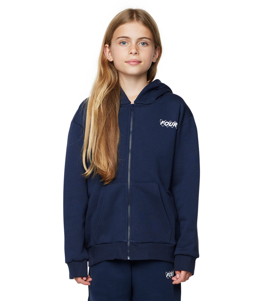 Person wearing a navy blue hoodie with a logo on a white background