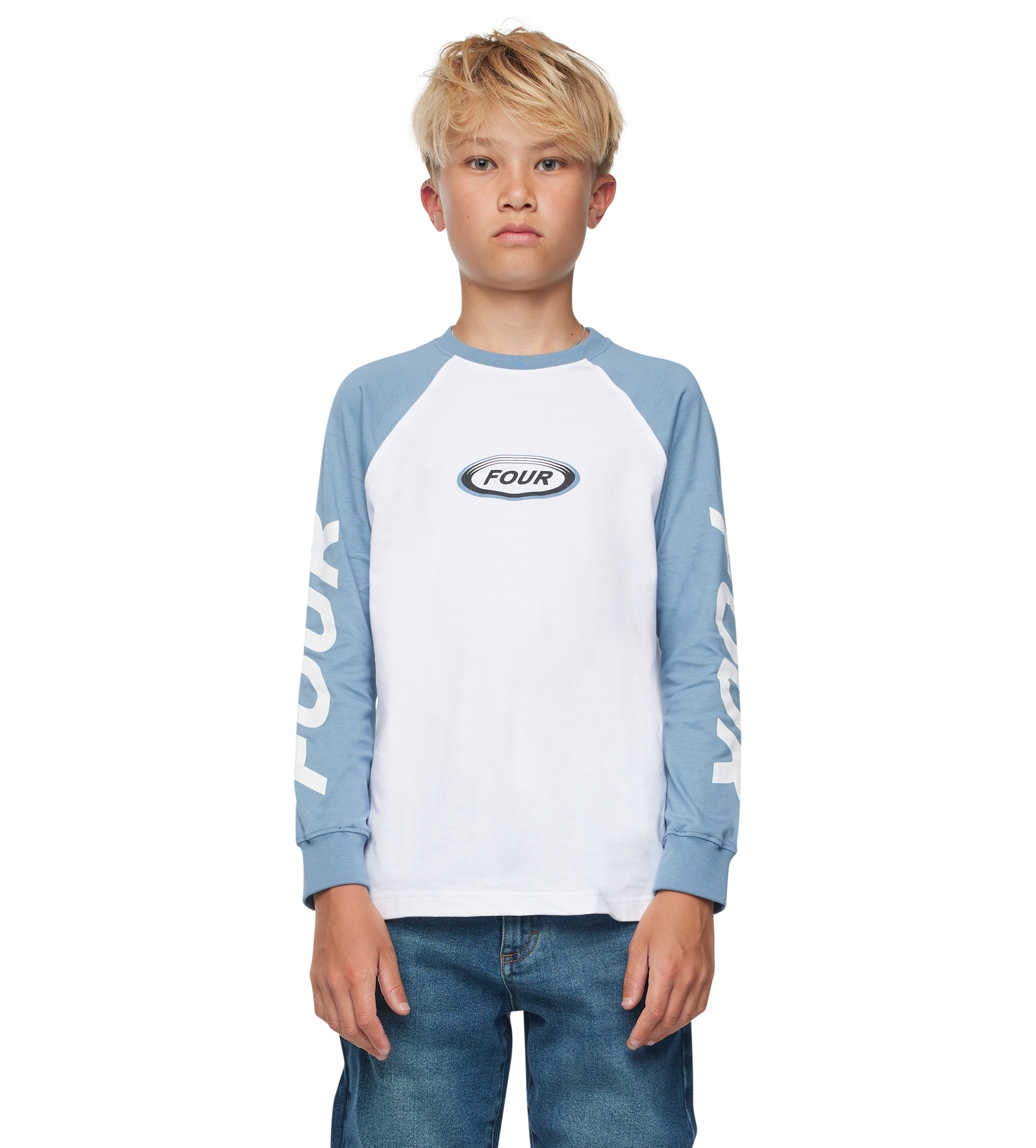 Reconstructed Raglan Longsleeve Celeste/ White