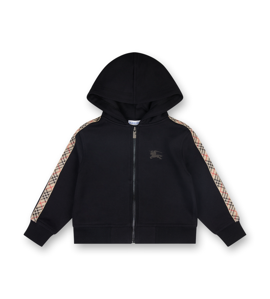 Burberry Clyde Check Tape EKD Jersey Cotton Zip-Up Hoodie in Black (Kids)
