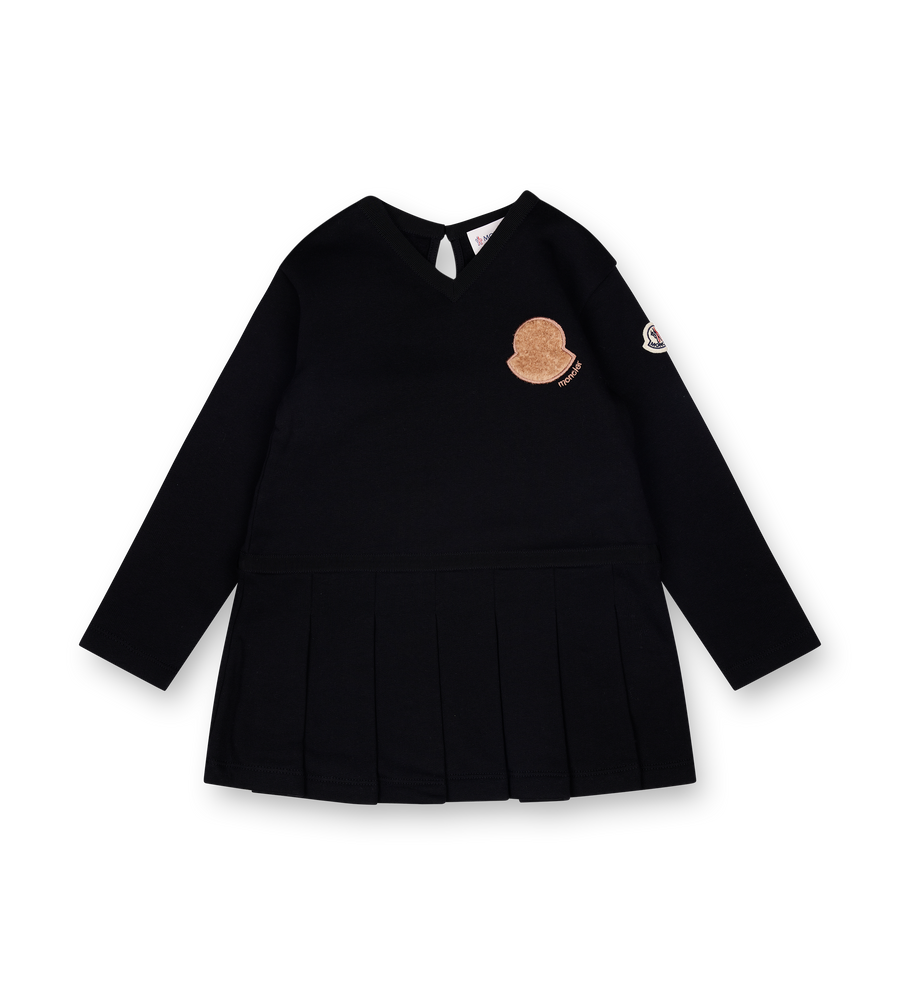 Moncler Enfant Teddy Logo Pleated Cotton Dress in Black (Kids)