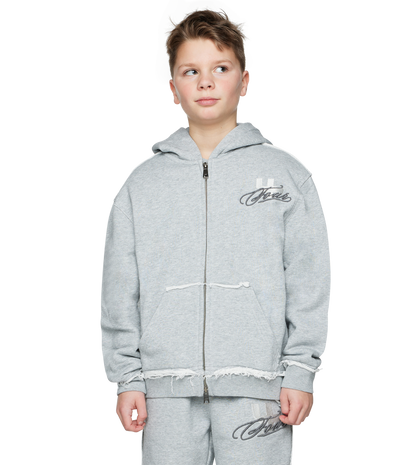 Raw Edge Zip Up Hoodie Grey Melange
