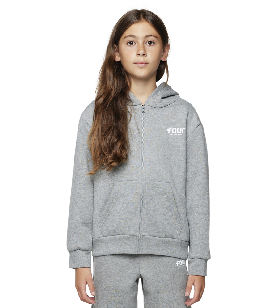 FOUR logo grey zip up hoodie worn by a girl model