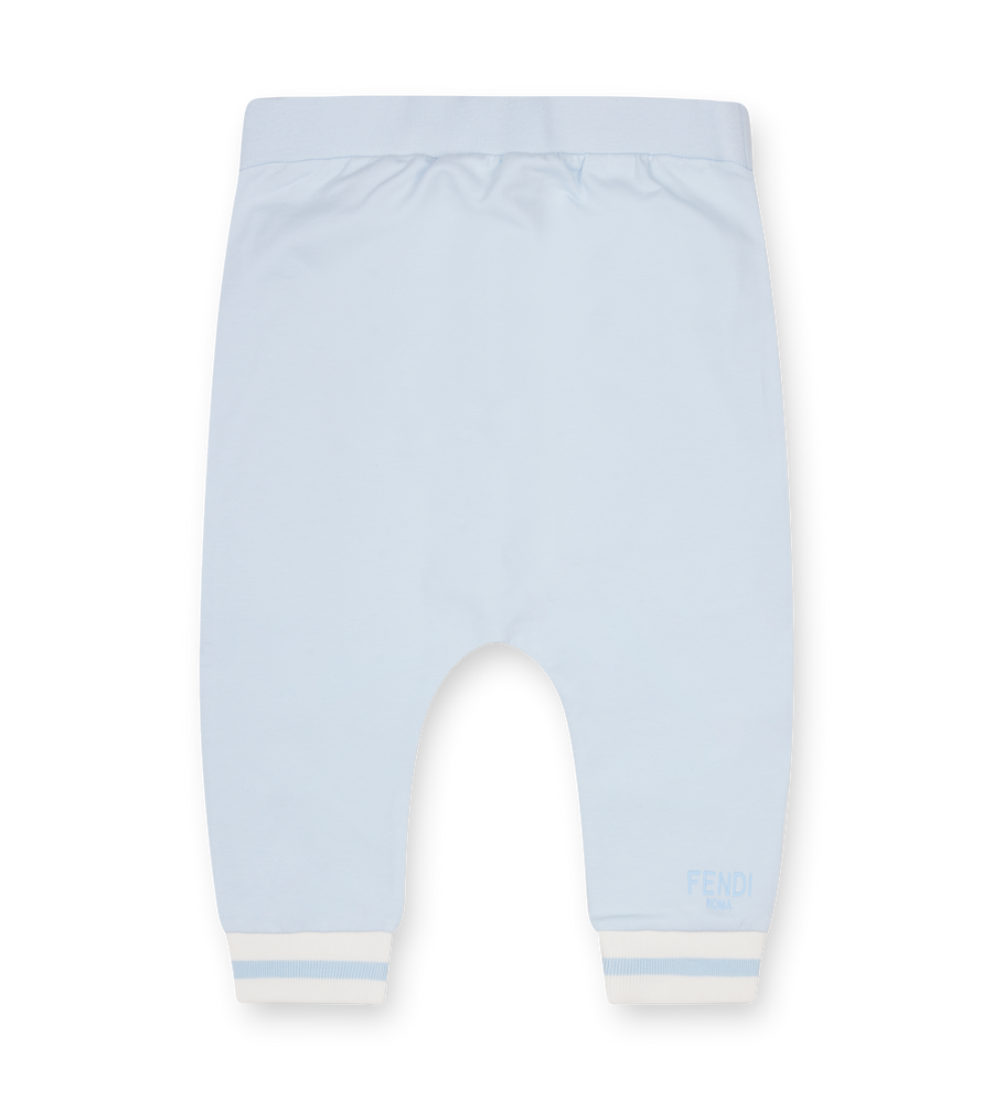Light blue baby pants with white cuffs on a white background