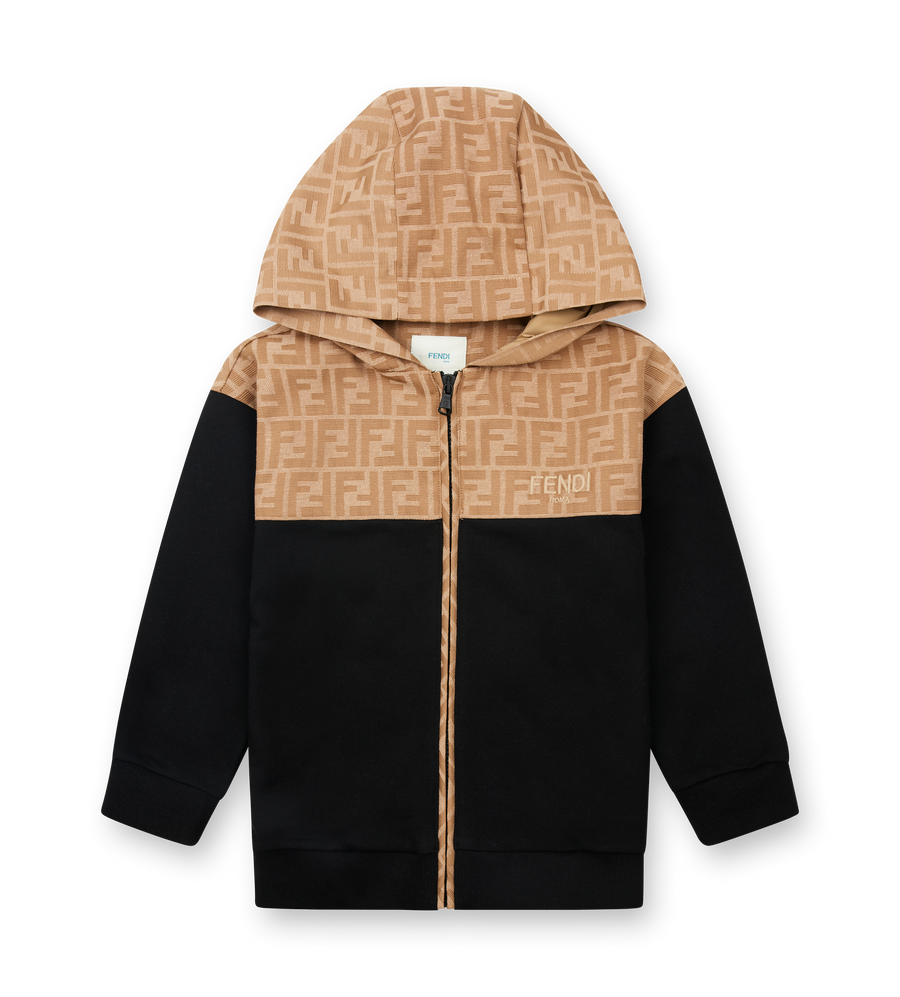 Black and beige hoodie with Fendi logo on a white background