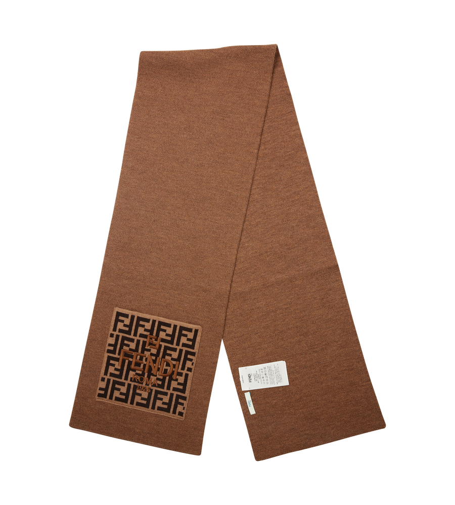 Brown scarf with a patterned logo on a white background