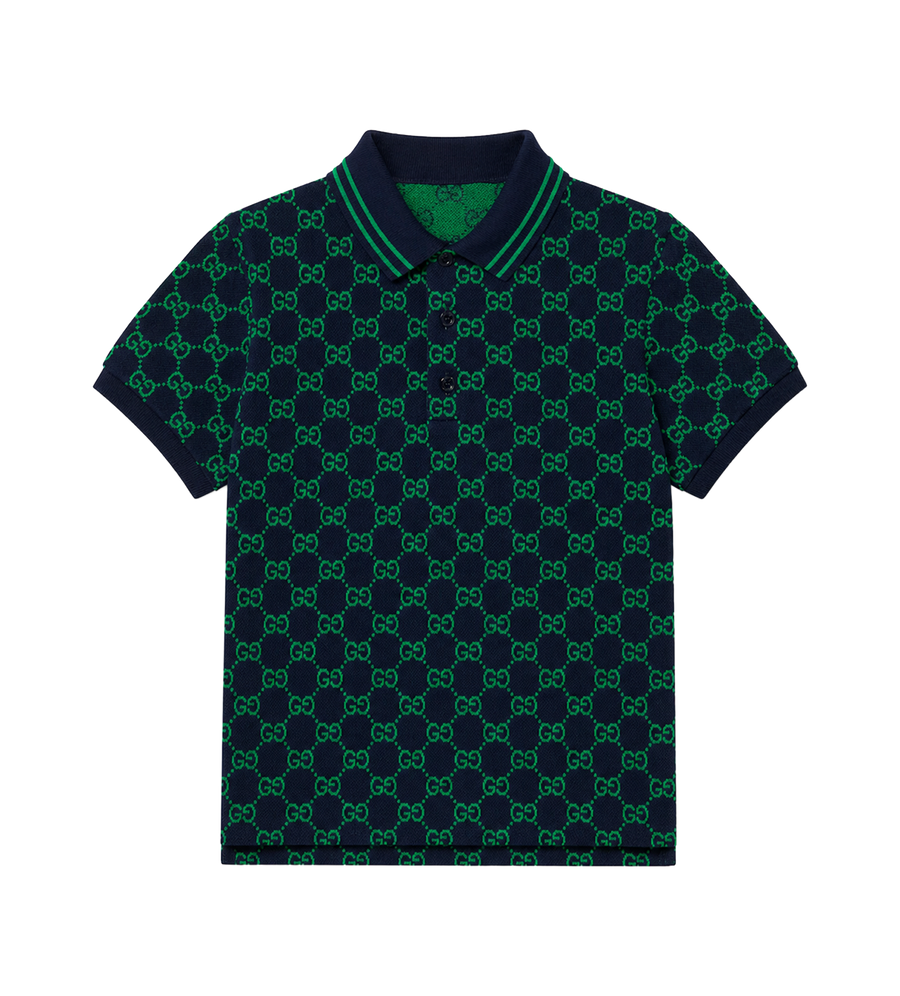 Gucci Children’s GG Cotton Polo Shirt in Navy/Green