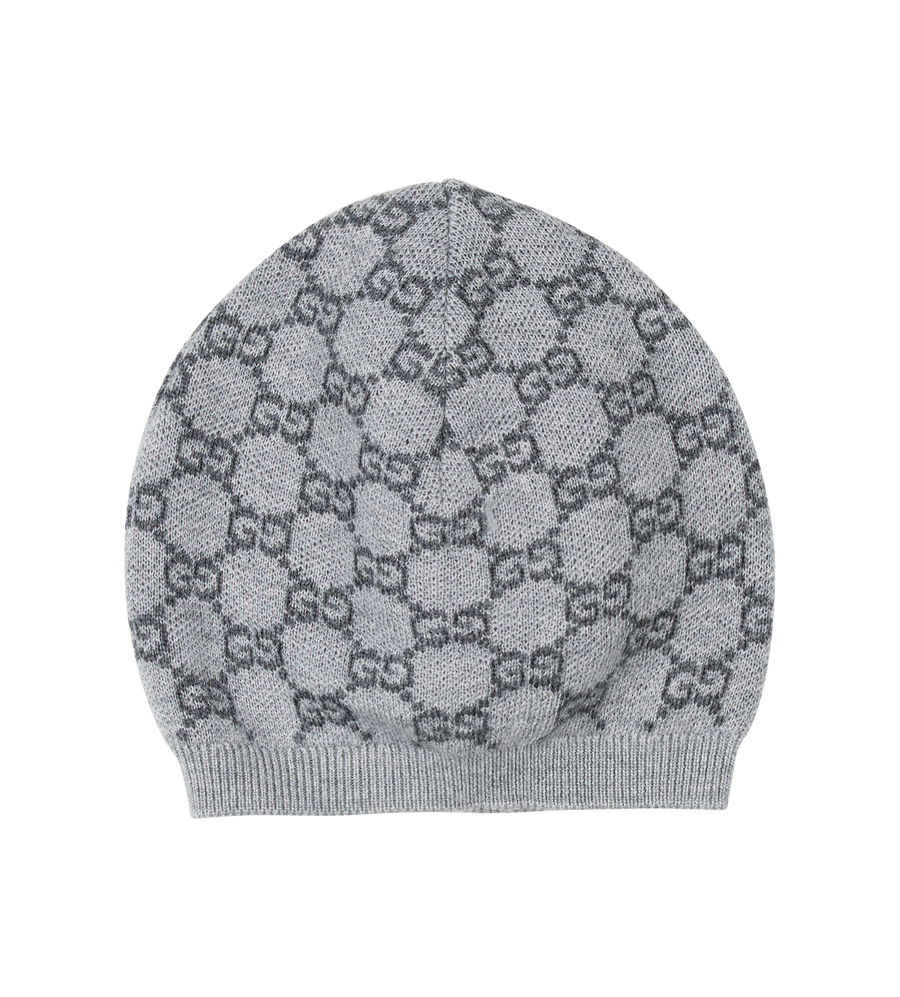 Gray knit beanie with a pattern on a white background