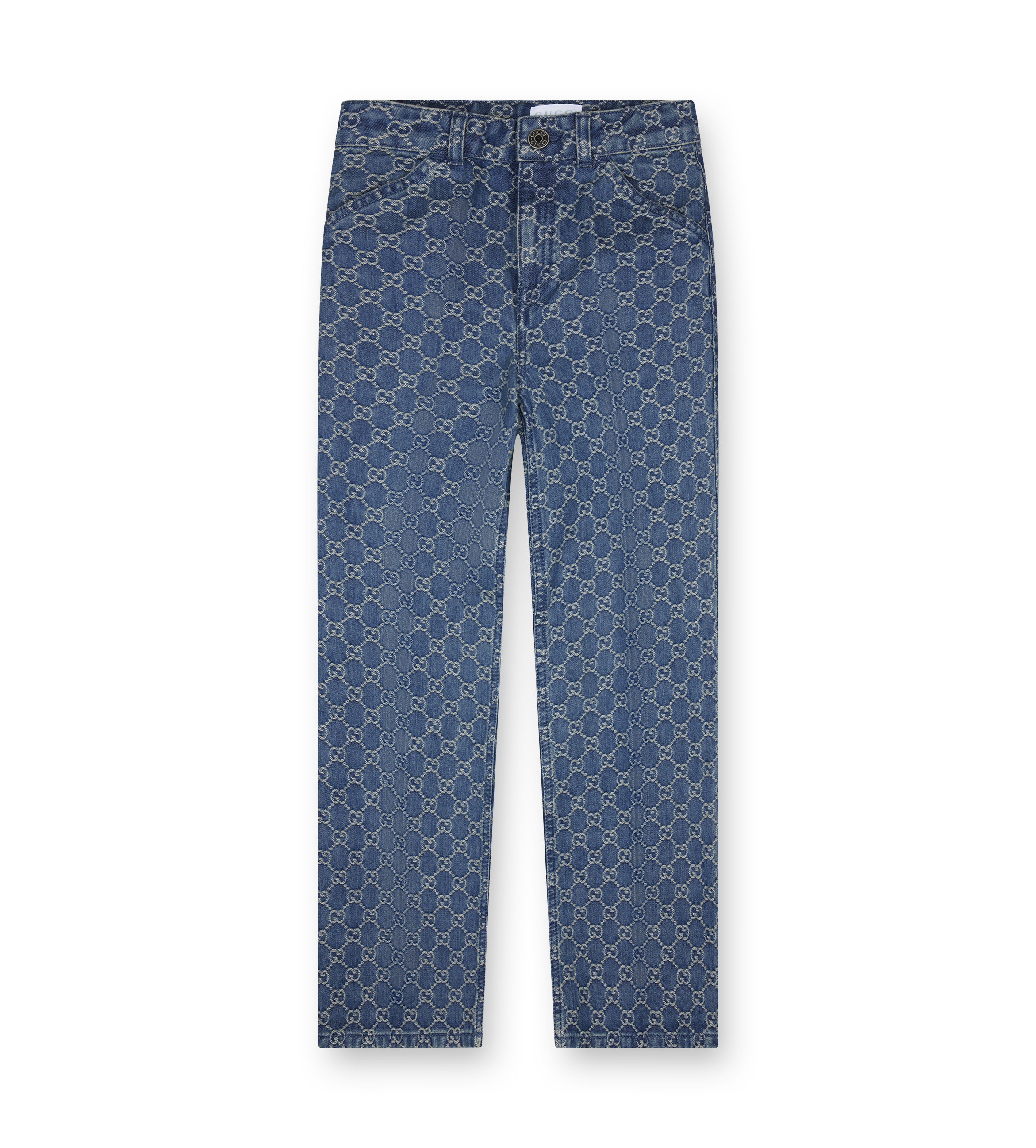 GUCCI    ジージーパターン Children's GG denim jacquard pants in blue and ivory | GUCCI® US