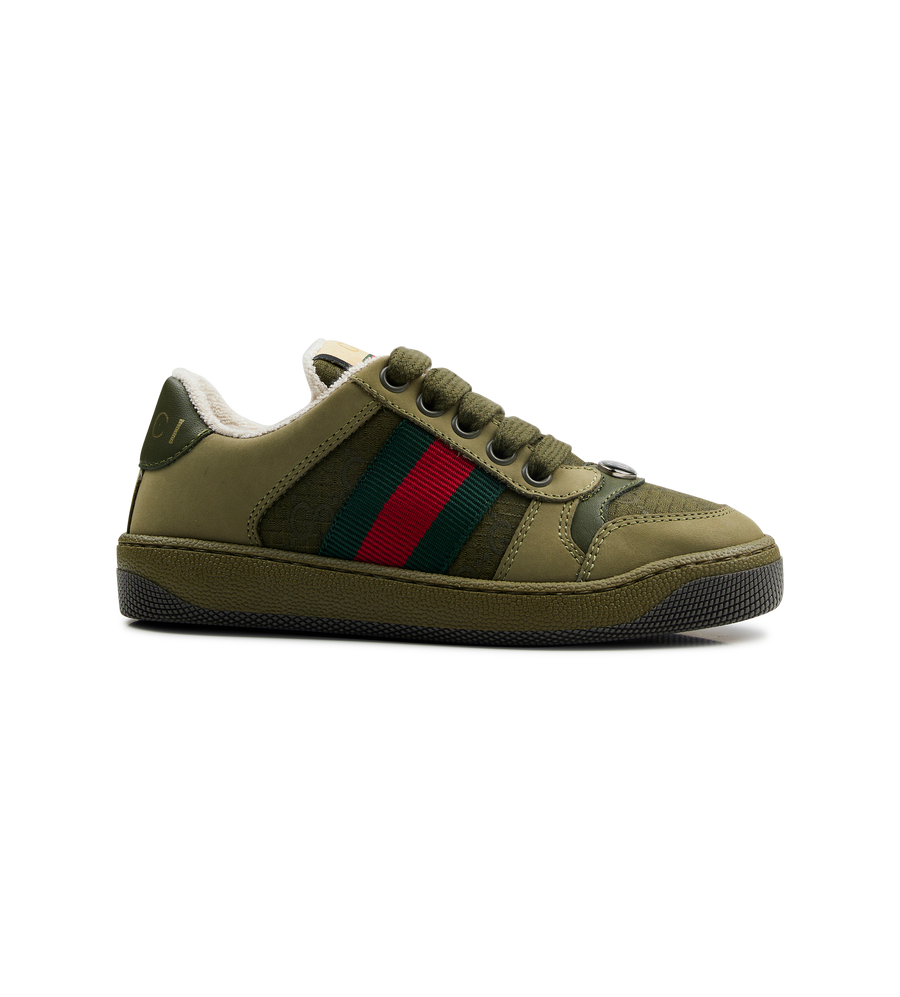 Green sneaker with red and green stripes