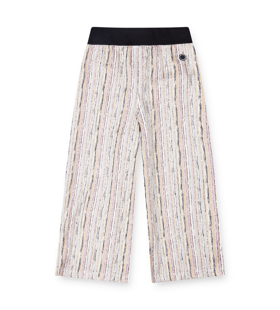 Striped pants with a black waistband on a white background