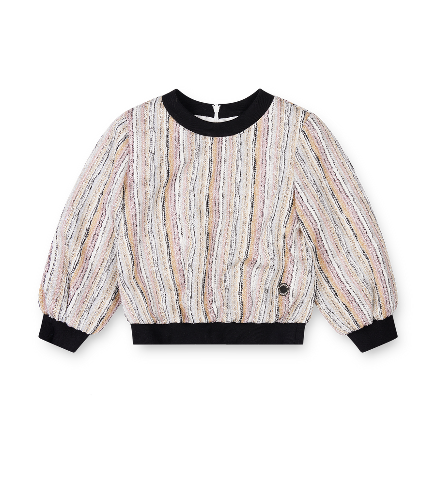 Striped sweater with black trim on a white background