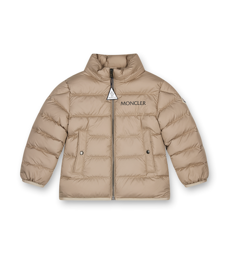 Beige puffer jacket with Moncler logo on a white background