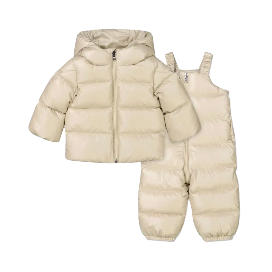Moncler Deidre Down Puffer Snowsuit Set in Cream (Baby)