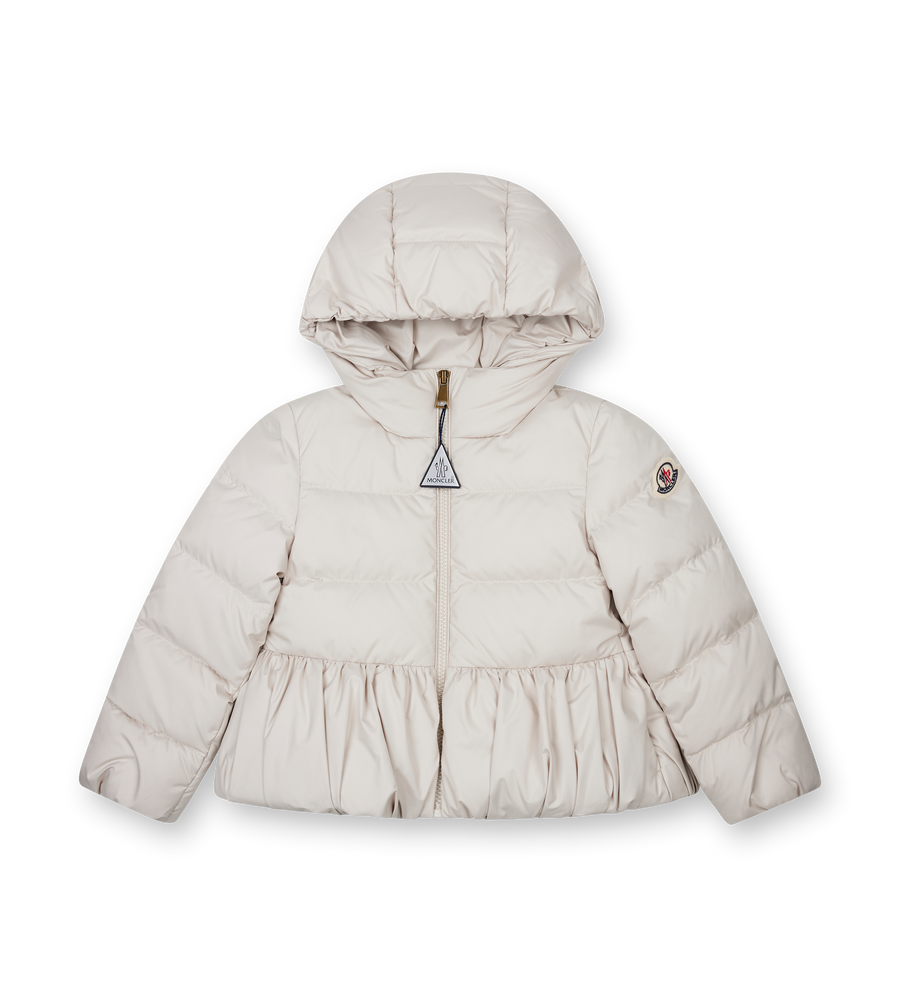 Beige puffer jacket with a hood on a white background
