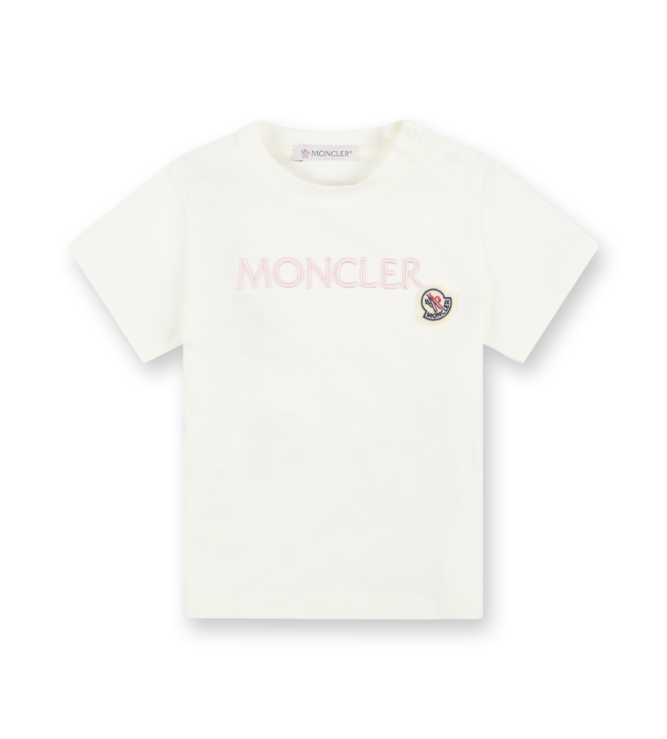 White short-sleeved Moncler t-shirt with embroidered logo on the chest and a snap button closure on the shoulder.