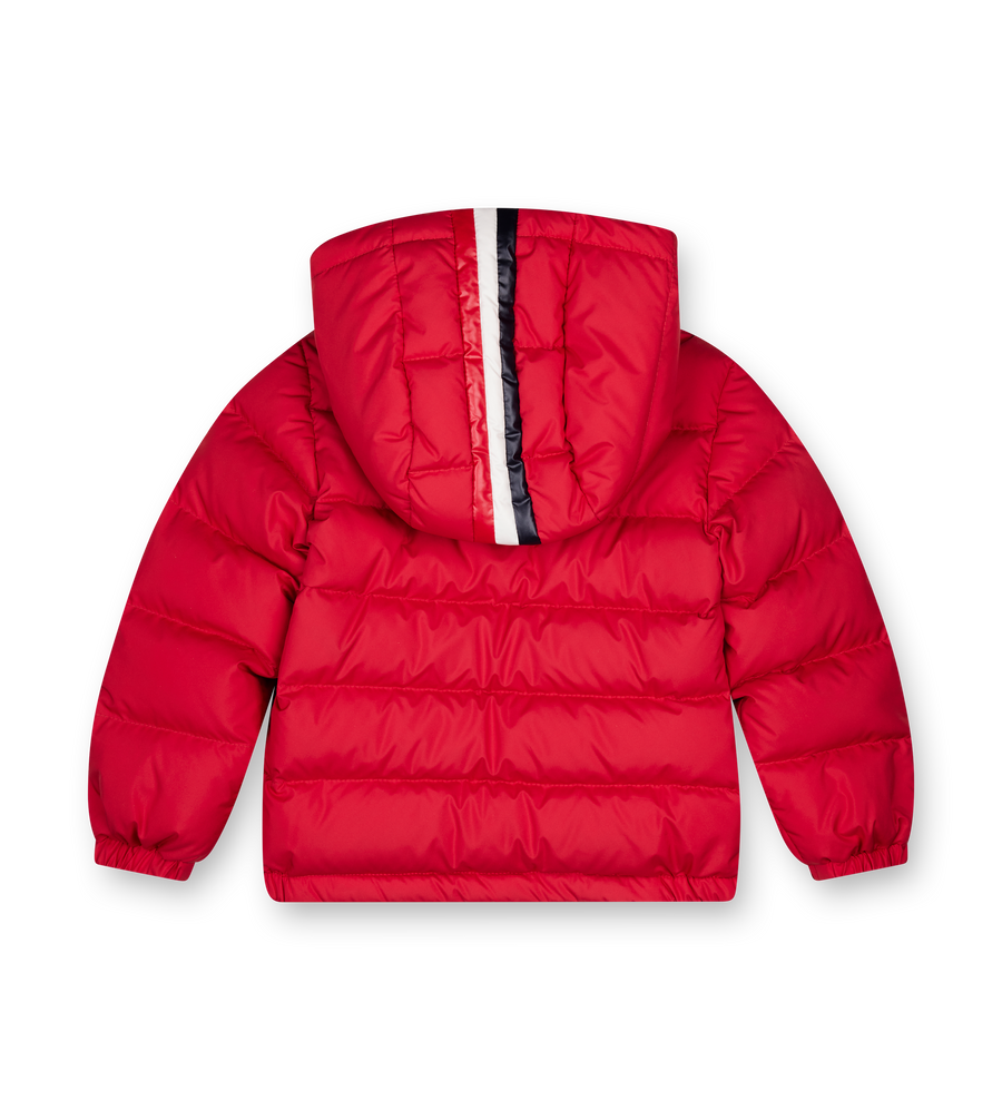 Red puffer jacket on a white background