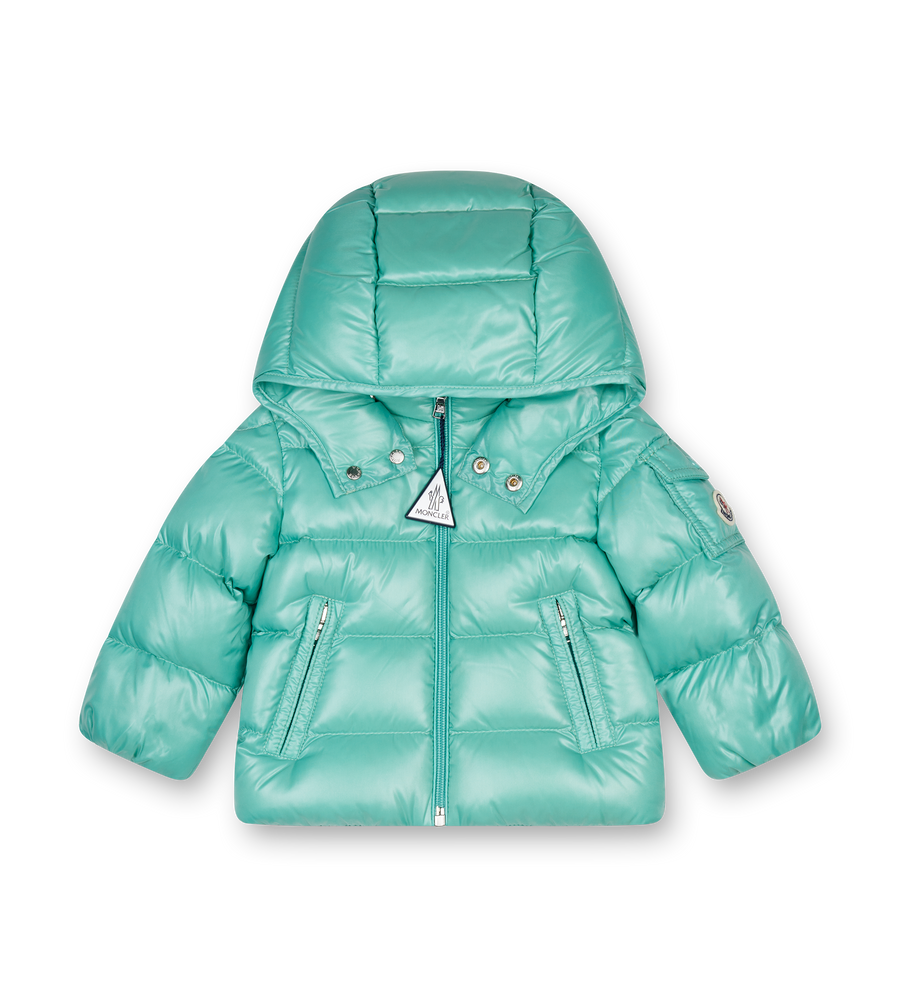 Light aqua green puffer jacket on a white background