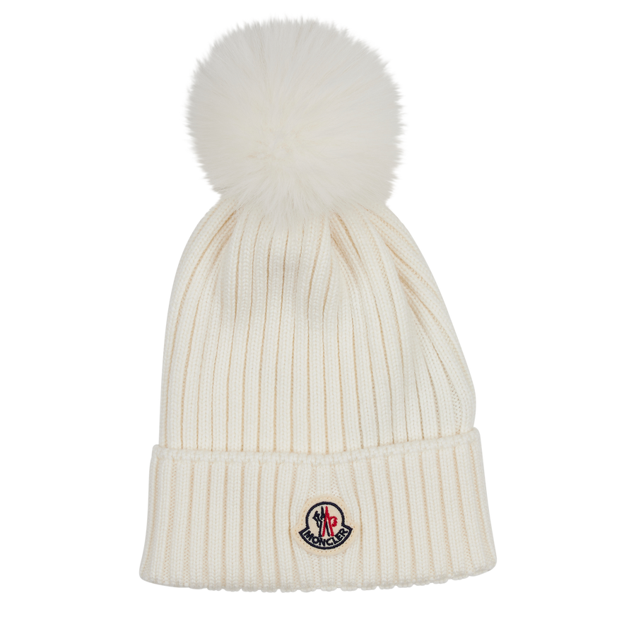 Moncler Wool Beanie Hat with Pom Pom in White for kids