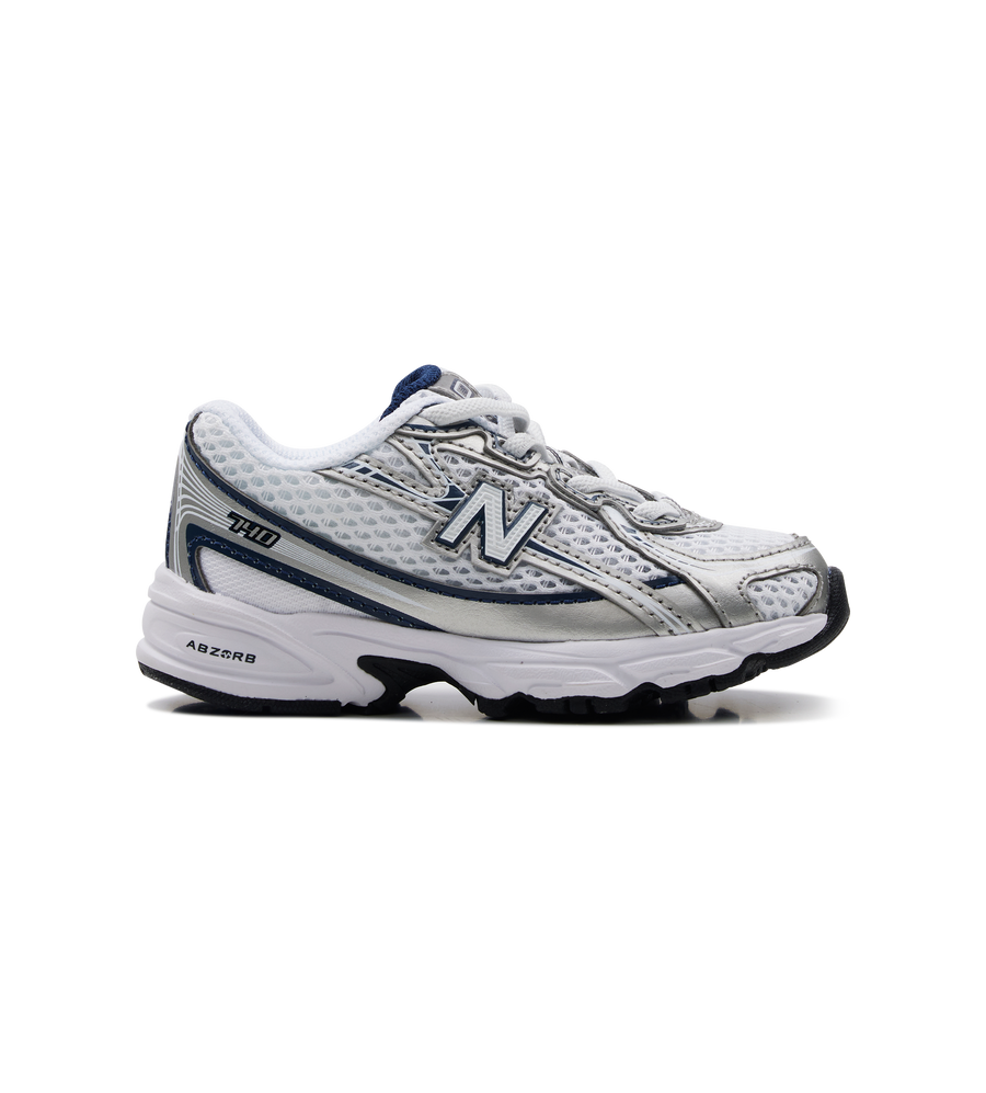 White running shoe with blue accents on a white background
