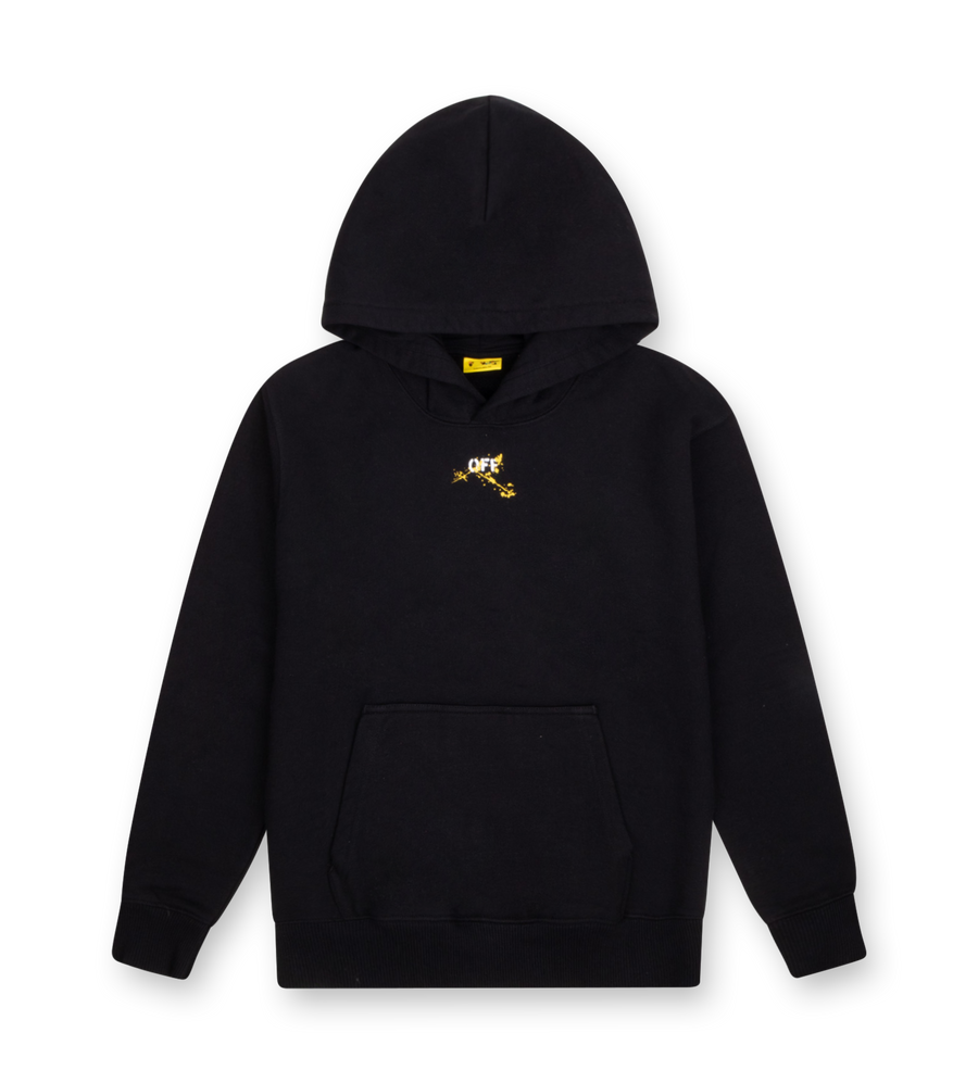 Off-White Kids Paint Diagonal Hoodie black with yellow paint-splattered stripe back print and logo chest detail.