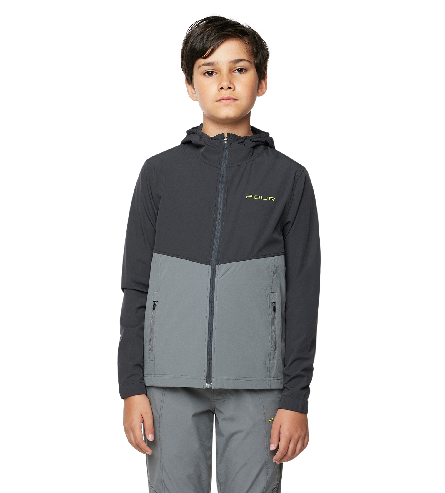 Child wearing a two-tone gray jacket with a brand logo on a white background