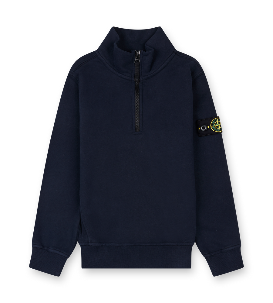 Navy blue sweatshirt with a brand logo on the sleeve against a white background