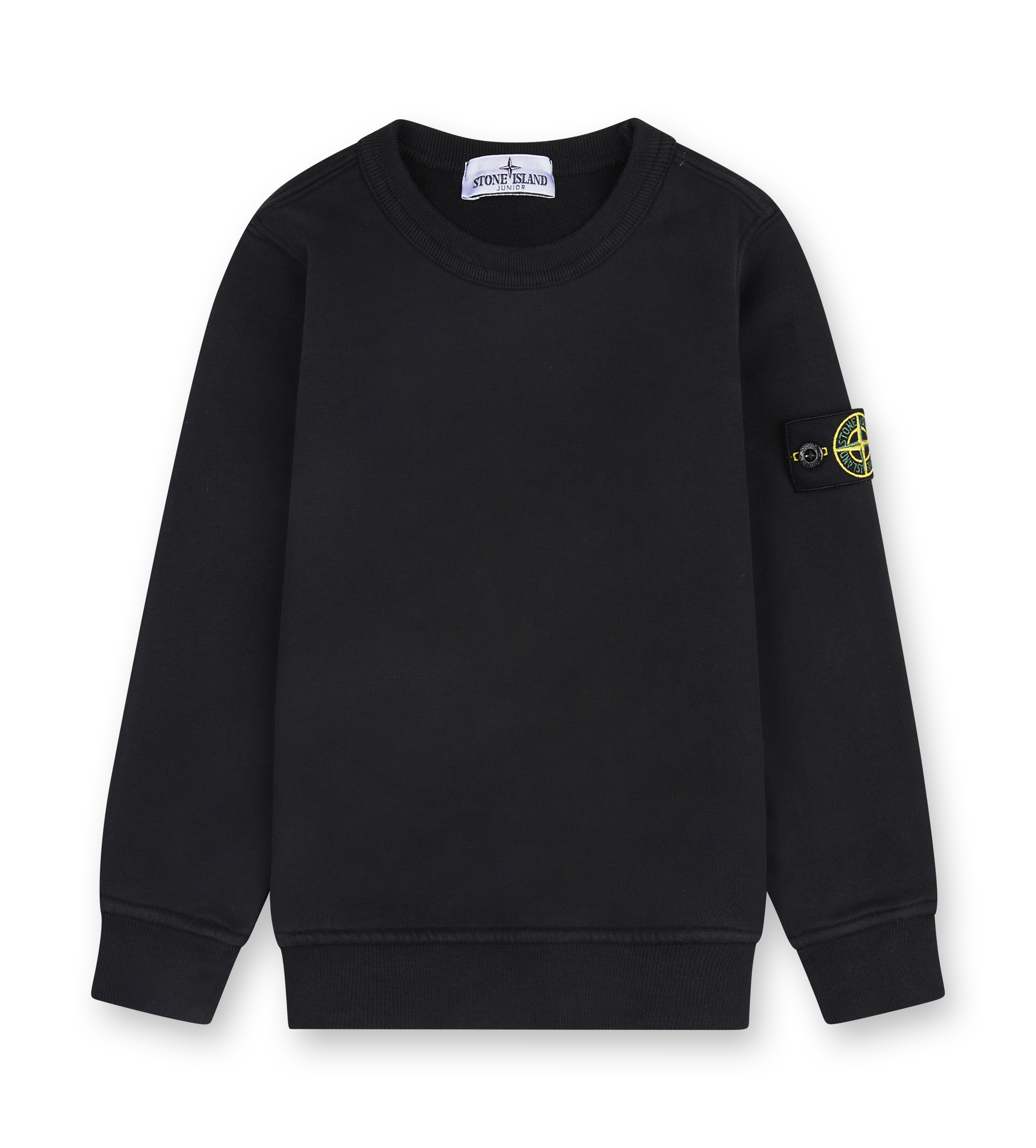 Black sweatshirt with a logo on the sleeve against a white background