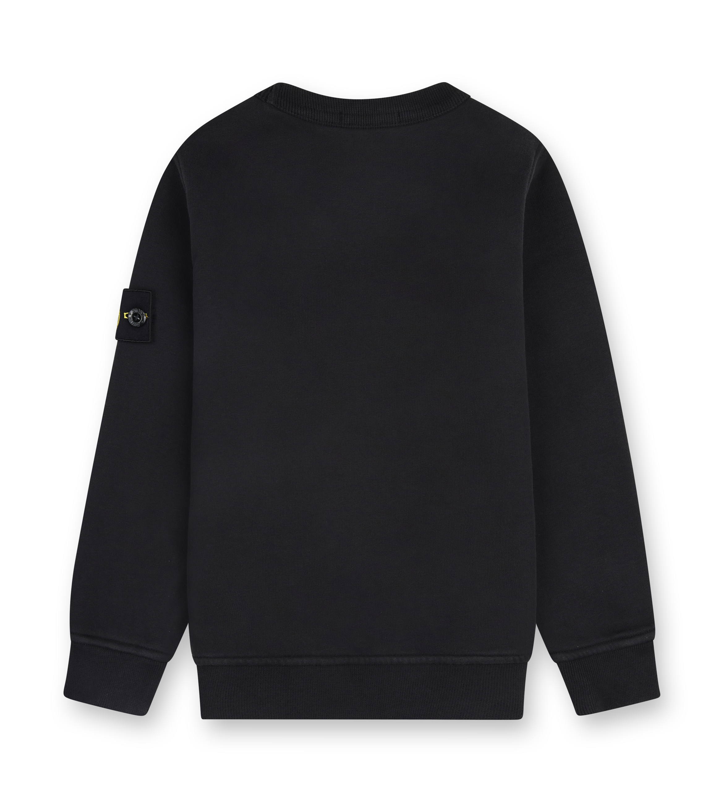 Black sweatshirt with a brand logo on the sleeve against a white background