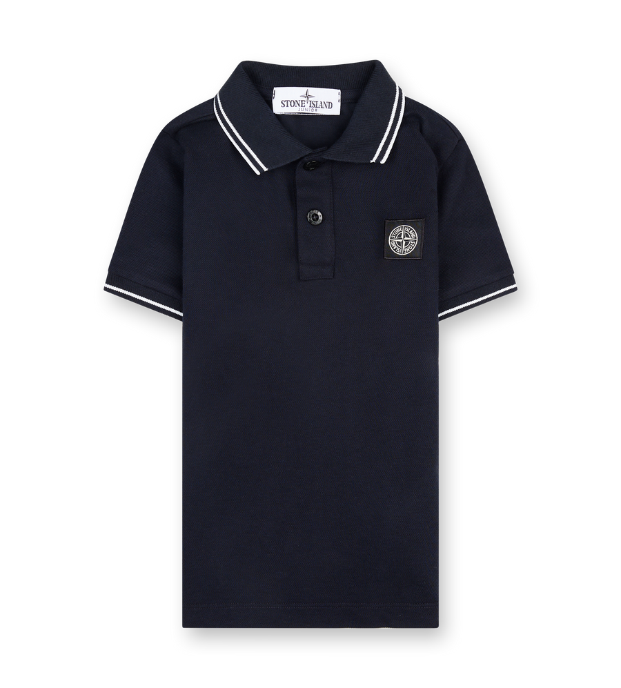 Navy blue polo shirt with white trim on a white background