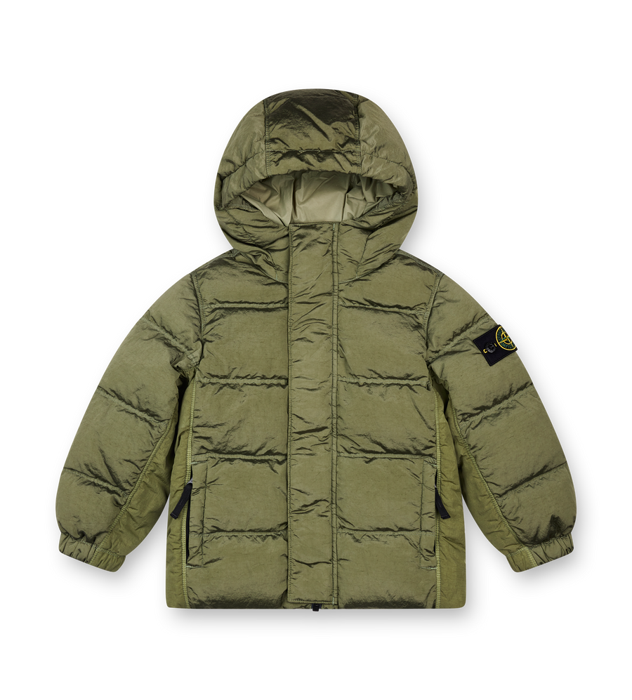 Green puffer jacket with a brand logo on a white background