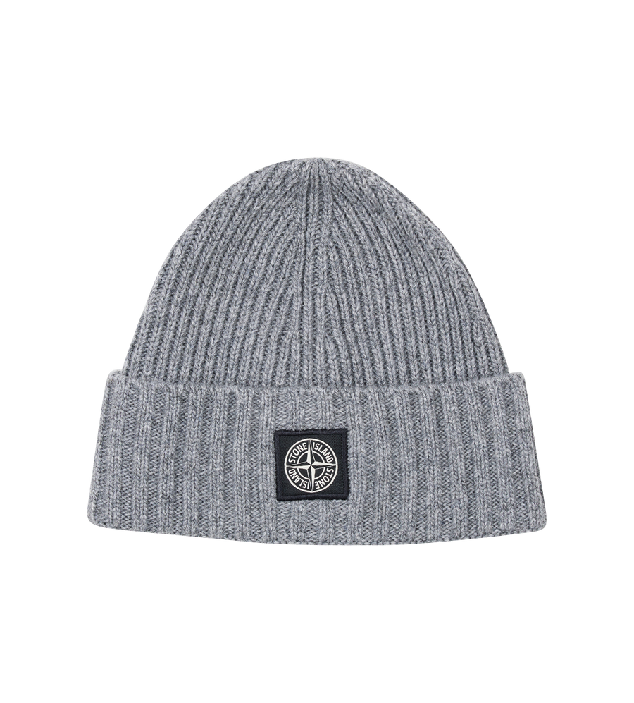 Gray beanie with a brand logo on a white background