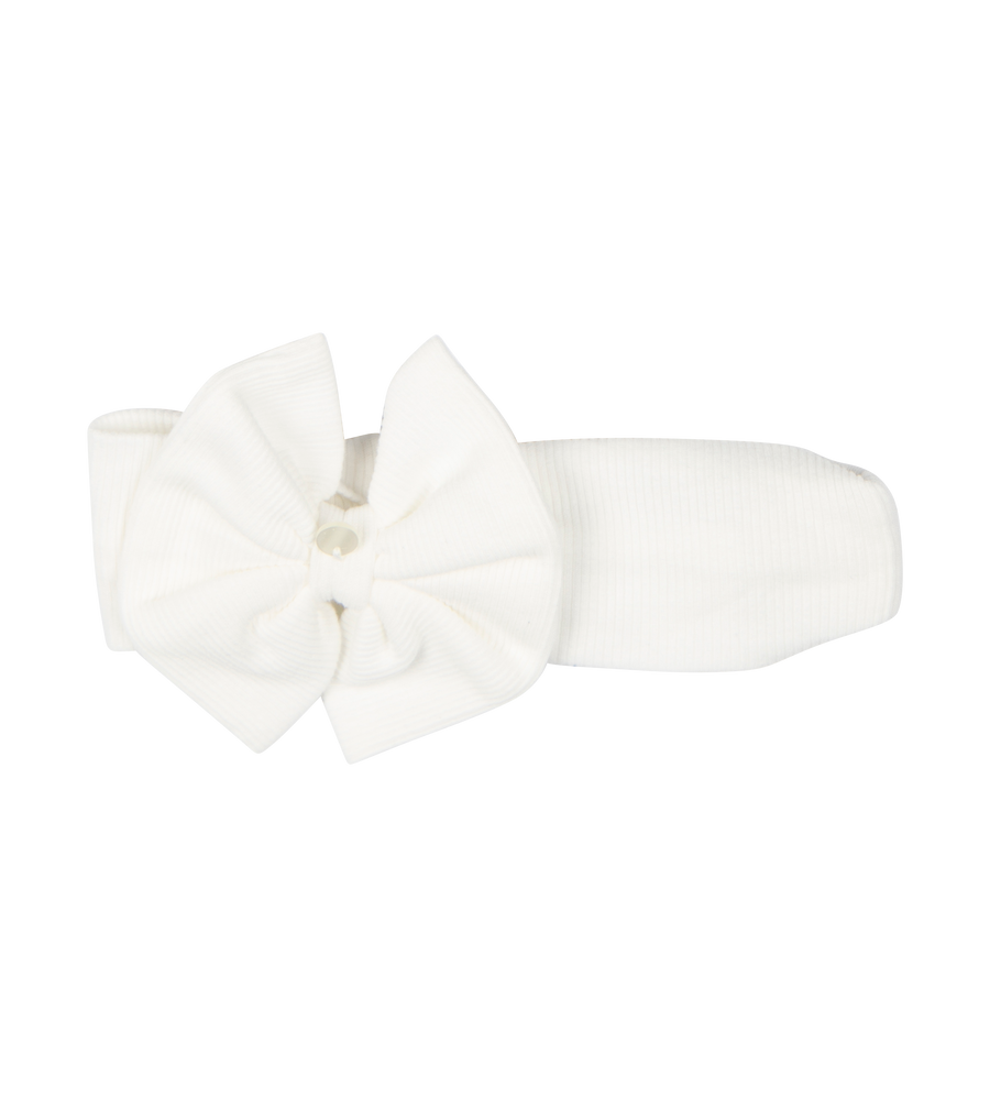 A white headband with an ecru bow designed for babies.