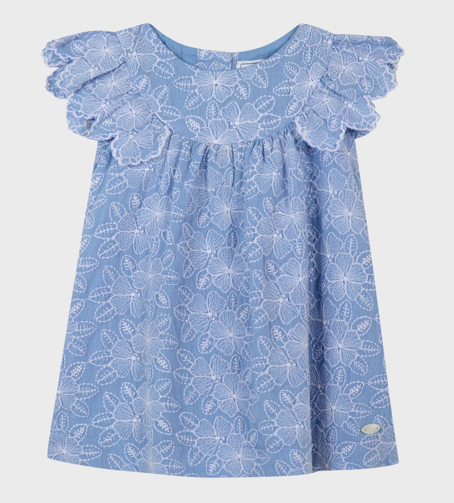 Embroidered Ruffle Dress Blue