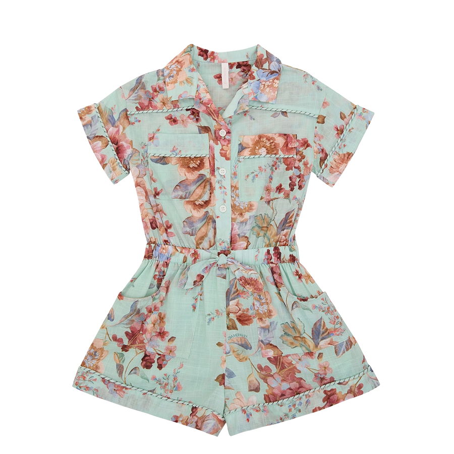 Zimmermann Awaken Floral Pocket Playsuit in Mint (Kids)