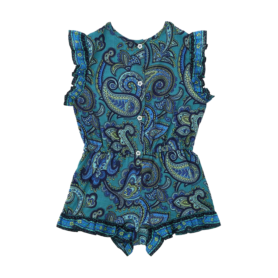 Zimmermann Patience Paisley Frill Playsuit in Blue & Green (Kids)