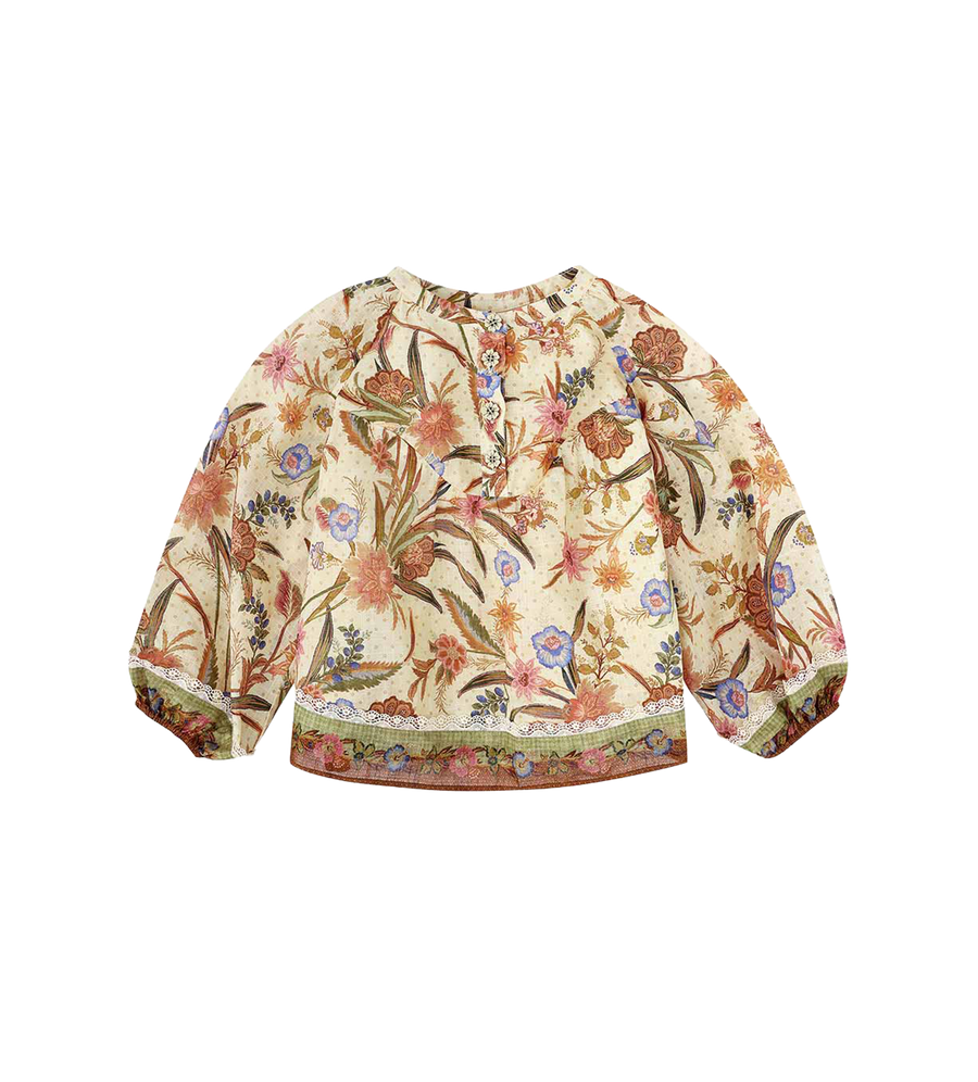 Kids Contrasterende Top Ecru Kaki Bloemenprint