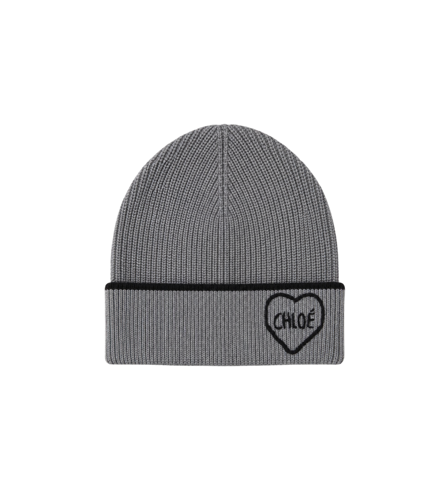 Kids Heart Motif Ribbed Knit Beanie Grey