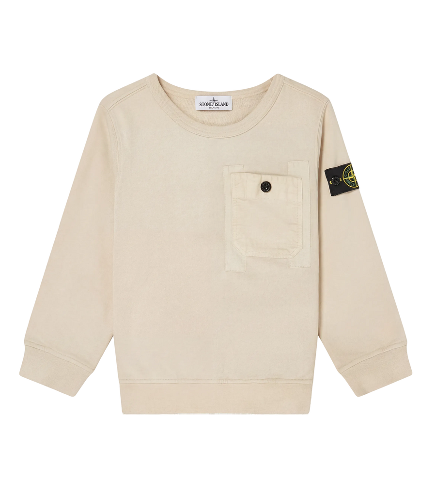 Stone Island Junior Crew Neck Sweater with Chest Pocket in Beige