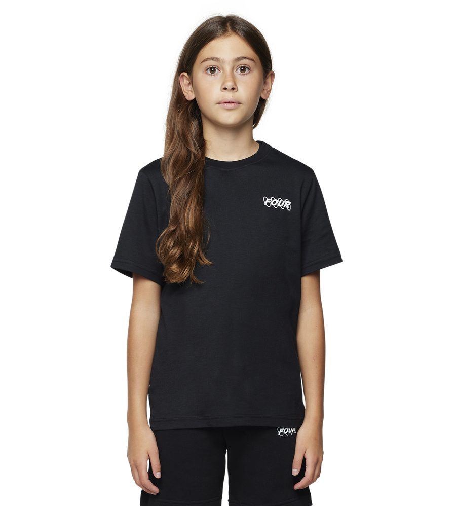 Young girl wearing a black t-shirt and shorts with a brand logo on a white background