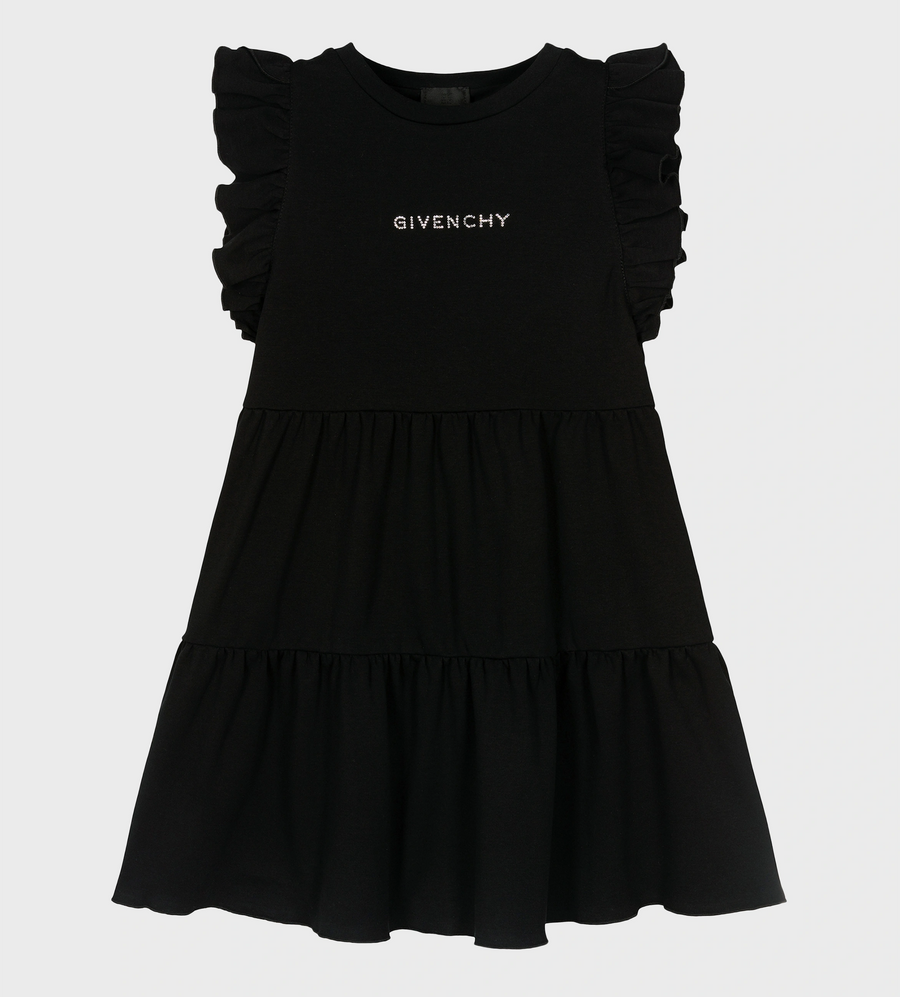 Rhinestone Logo-appliqué Tiered Dress Black