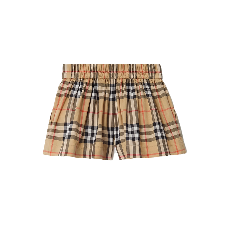 Baby Check Cotton Shorts in White & Beige