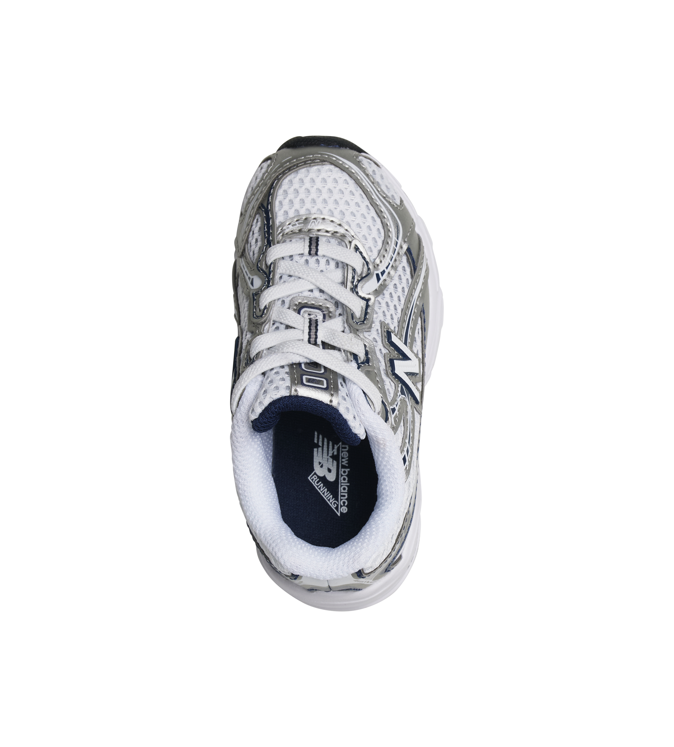 White athletic shoe with blue interior on a white background